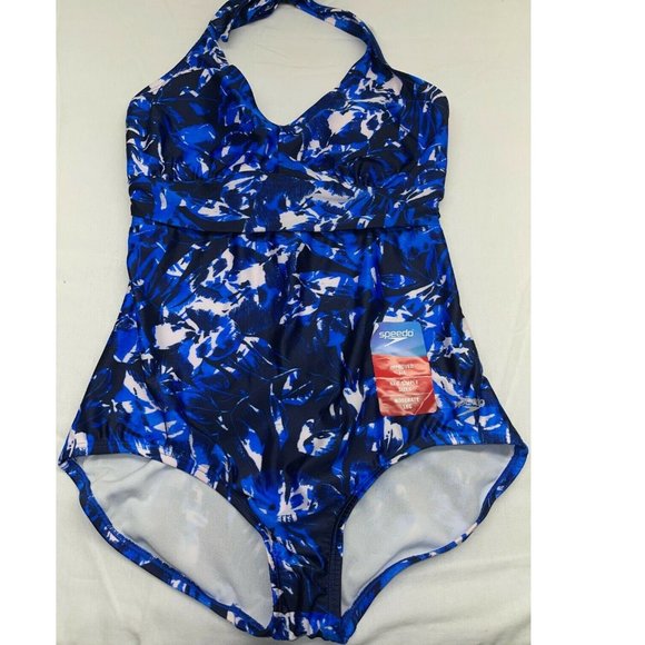 SPEEDO Women One Piece Halter Tie Swimsuit  Hyper--Blue Black - Picture 4 of 7